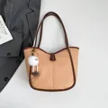Light brown faux leather tote bag with dark brown handles and white fluffy charm detail - With Pendant / Khaki
