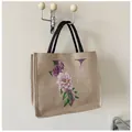 Borsa tote in iuta con lettera V viola e motivo floreale con manici neri - Stile V (Stampa Floreale Lettera V)