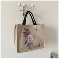Borsa tote in lino con lettera E floreale viola e manici intrecciati neri resistenti - Stile E (Stampa Floreale Lettera E)