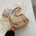 Minimalist beige faux leather crossbody bag with vintage double strap design - Khaki