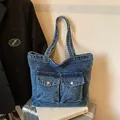 Large capacity dark blue washed denim tote bag with dual front pockets and shoulder straps - No Pendant / Sand Washed Dark Blue