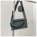 Industrial style grey PU leather messenger bag with chain and mini round coin pouch - Gray