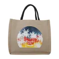 Minimalist jute tote bag in beige with black handles and Beach Party sunset print - Style 2