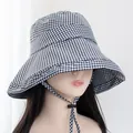 Women's wide brim houndstooth bucket hat with adjustable windproof cord for sun protection - Adjustable / Black & White Check
