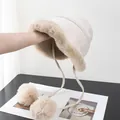 Detail of beige plush ear-flap bucket hat with faux fur lining and pompom ties - M (56-58cm) / Off White
