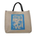 Jute tote bag in beige with blue California beach print and black rope handles - California Beach Pattern