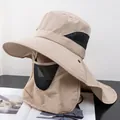 Khaki outdoor sun hat with wide brim, breathable face mask and long neck protection cover - M (56-58cm) / Khaki