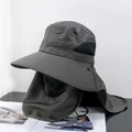 Outdoor sun hat with wide brim, neck flap and mesh face mask in olive green polyester - M (56-58cm) / Army Green
