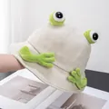 Detail of cute frog bucket hat with 3D plush eyes and hand decorations on beige canvas - Adult / Beige
