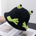 Detail of cute frog eye design on black canvas bucket hat with 3D plush accents - Adult / Black