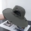 Detail view of olive green wide brim sun hat with mesh vents and adjustable wind cord - M(56-58cm) / Army Green