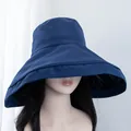 Detail view of large navy bucket hat with sun-protective black coating inside - Navy Blue
