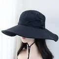 Detail view of black hiking hat with wide brim, side ventilation holes and wind cord - M (56-58cm) / Black