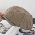 Detailed close-up of brown corduroy fabric and stitching on a classic baker boy cap - M(56-58cm) / Khaki