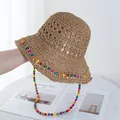 Detail of hand-woven straw hat with colorful beads and bohemian style windproof lanyard - Adjustable / Khaki