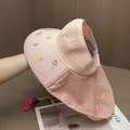 Detail of pink kids sun hat featuring a wide brim with colorful patterns and neck flap - 3-10 Years (50-54CM) / Pink