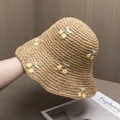 Close-up of handmade straw hat featuring yellow cherry embroidery and crochet texture - Adjustable / Khaki Hat Yellow Cherry