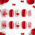 Sweet red heart cherry press-on nails with bow and gradient cat eye design - Red Heart Bow Sweet Style (SGL0008)