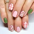 Short square press-on nails in pink and green floral patterns with high gloss finish - Pink Green Floral Style (YS780)