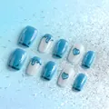 Glossy cat-eye blue heart press-on nails with blue and white minimalist droplet design - Cat Eye Blue Heart Style (SGL0013)