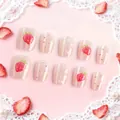 Uñas postizas cortas cuadradas rosa ojo de gato con diseños de fresas 3D y gotas - Estilo Fresa Gota de Agua 3D (SGL0010)