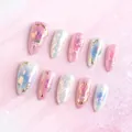 Unghie finte a mandorla aurora con rilievo floreale dolce e fiocco 3D di lusso - Stile Rilievo Floreale Rosa Blu Aurora (SGL0025)
