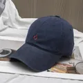 Detail of navy blue cotton twill baseball cap with red circle embroidery on magazine - Adjustable / Navy Blue with Red Embroidery
