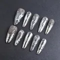 Y2K grey cat eye press-on nails with 3D silver liquid metal heart and butterfly designs - 3D Relief Metallic Heart Butterfly Style(SGL0033)