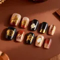Kurze Trapez-Cat-Eye Kunstnägel mit Vintage Goldrelief und bernsteinfarbenem Verlauf - Retro Goldrelief-Stil (SGL0047)