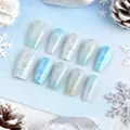 Faux ongles ballerine dégradé bleu et blanc avec flocons de neige et motifs argentés - Sgl0059