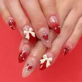 Faux ongles stiletto dégradé rouge et nude avec nœuds 3D et détails cœur rouges - Style Dégradé Rouge Nude Nœud 3D Cœur (YS282)