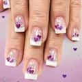Short square purple French press-on nails with double heart patterns and silver lines - Purple French Heart Style (YS495) / Without Tools