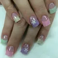 Uñas postizas cortas cuadradas brillantes con diseños florales coloridos y purpurina plata - Estilo Patchwork Floral (CW477)