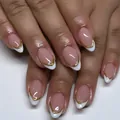 French white almond press-on nails with 3D metallic gold stripes and glossy finish - French Gold Rim Nude Pink Style (Liquid Glue Version) (YS579)