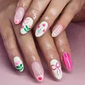 Unghie finte rosa e bianche con fiori, fiocchi e strisce per San Valentino - Stile Floreale con Fiocco Rosa (YS586)
