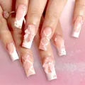 Faux ongles courts carrés à motif léopard avec noeuds noirs 3D brillants et stylés - Style Ballet Ruban Nœud Perle (YS283)