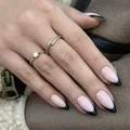 French black tip almond press-on nails with shiny finish and minimalist gold ring accents - Glossy Black French Tip (SGL405)
