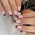 Glossy burgundy French tip almond press-on nails with minimalist nude pink base design - Sgl407 (without Tools)