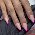 Short glossy French press-on nails with rose red tips and almond shape style - Fluorescent Pink French Tip (SGL406)