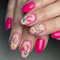 Pink glossy press-on nails with 3D embossed floral patterns and ethnic style embroidery art - Pink Embossed Floral (YS679) / 24 Pieces (No Tools)