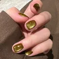 Kurze quadratische olivgoldene Katzenauge-Klebenägel mit luxuriösem Glitzereffekt - Goldbraunes Katzenauge (SGL526)