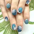 Short square Halloween nails with blue glitter, white ghost and spider web patterns - Halloween Blue Ghost Pattern Style (YS724)