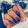 Metallic dark blue press-on nails with silver eternity band featuring rectangle zircons - Boxed (No Accessories) / Deep Blue (SGL428)