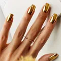 Glossy gold metallic mirror press-on nails with matching minimalist gold ring - Gold (SGL423)