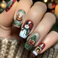 Christmas press-on nails featuring red plaid, snowman, and reindeer designs - Red Green Reindeer Snowman Style (YS1121)