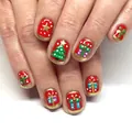 Faux ongles courts carrés rouges de Noël avec sapin 3D et paillettes festives - Thème De Noël Rouge (YS757)