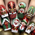 3D Christmas press-on nails featuring Santa, reindeer, and snowman in festive red and green - 3D Relief Cartoon Santa Style (YS1123)