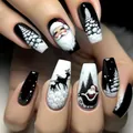 Christmas press-on nails with Santa and reindeer motifs in black and white finish - Black and White High-end Coffin Christmas Style (YS1124)