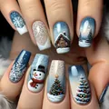 Blue Christmas press-on nails featuring snowman and winter forest holiday designs - Ice Blue Snowman Winter Cabin Style (YS1125)