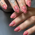 Red heart press-on nails with silver glitter and radial lines on matte nude base - Red Heart Radiant Lines Design (YS764) / Without Tools